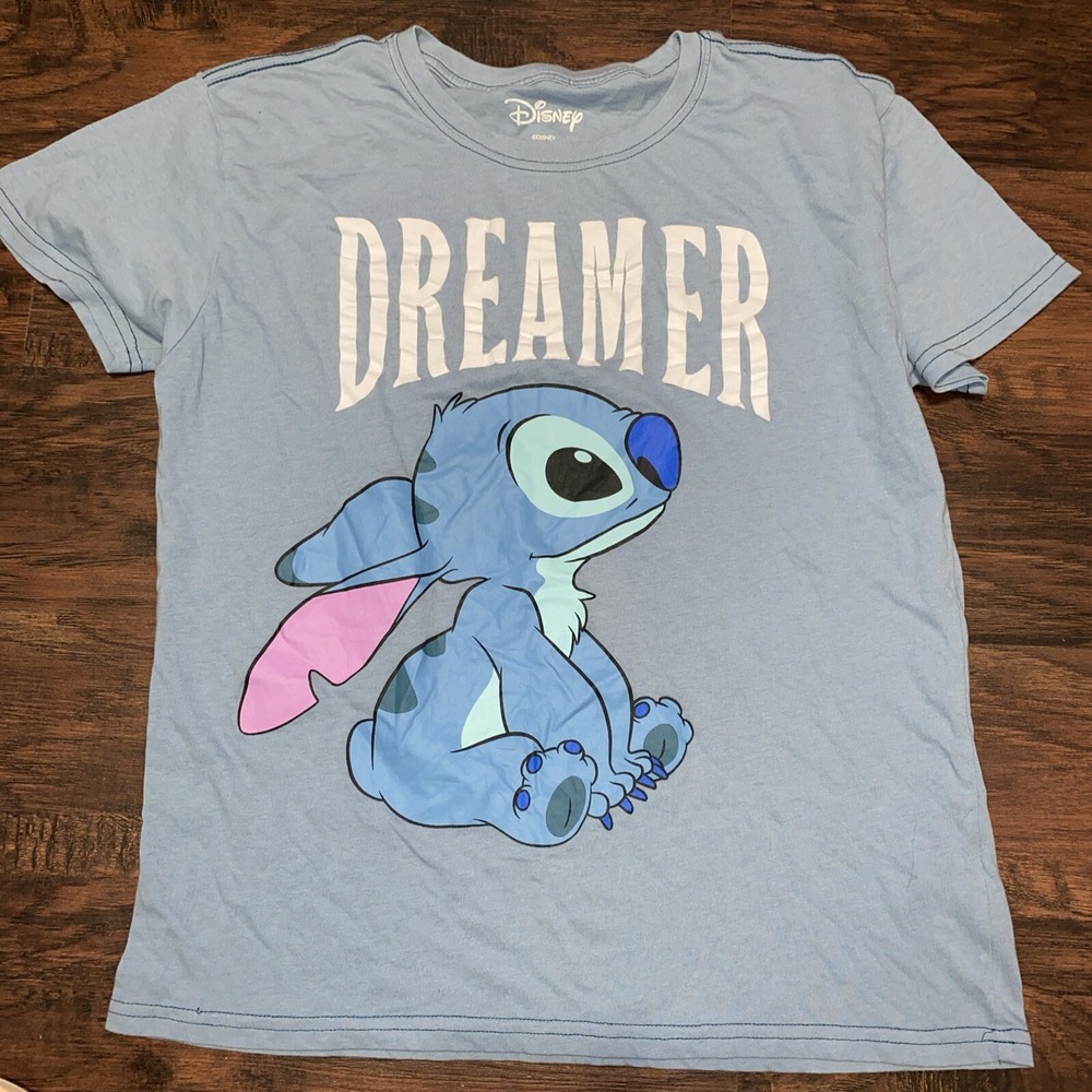 Disney "DREAMER" Stitch Juniors Light Blue Graphic T-Shirt Size L 11-13